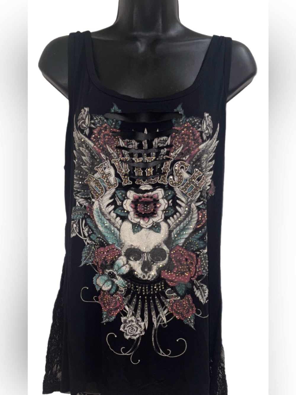 🔥🔥🔥Black Graphic Skull & Floral Lace-Back Tank Top⭐️NWT⭐️FINAL PRICE!